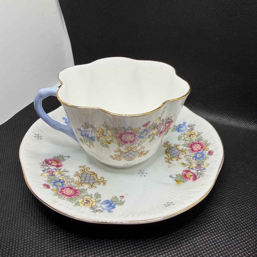 Shelley England Fine Bone China Teacup and Saucer Floral Gold Trim Blue Handle